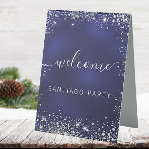 Plaque De Table Mariage marine bleu argent nom script bienvenue