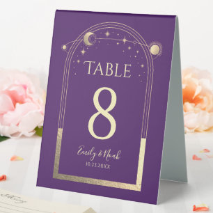 Plaque De Table Mariage mystique violet or Sun Moon étoiles