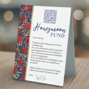 Plaque De Table Marine Blue & Gold Red Roses QR Code Honeymoon Fun