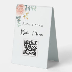 Plaque De Table Menu Barre Code QR bleu floral eucalyptus