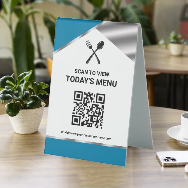 Plaque De Table Menu bleu QR Code sans contact (Créateur téléchargé)