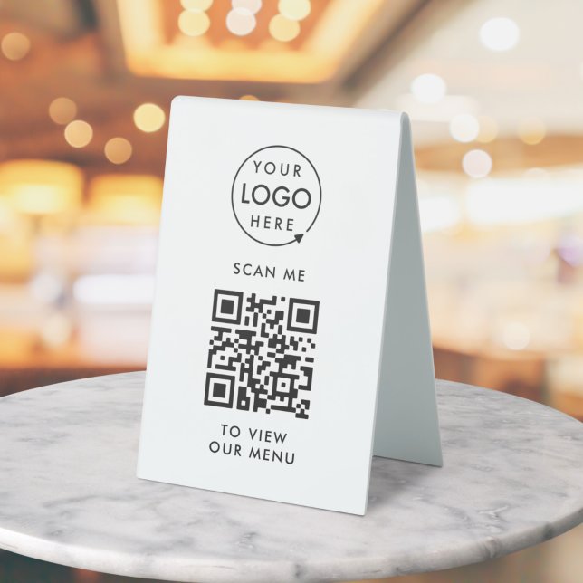 Plaque De Table Menu Code QR | Logo moderne sans contact (Small business editable template with scannable QR code for digital menus & seamless ordering.)