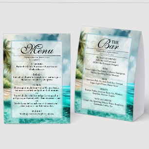 Plaque De Table Menu de mariage et bar à l'aquarelle de plage trop