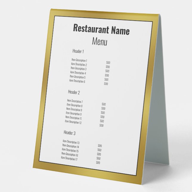 Plaque De Table Menu des restaurants Black White et Gold (Recto)