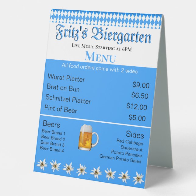 Plaque De Table Menu Oktoberfest Biergarten  (Recto)