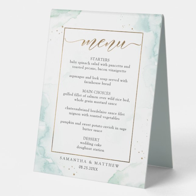Plaque De Table Menu Turquoise, Vert et Or Aquarelle (Recto)