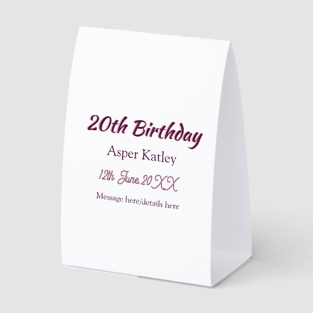 Plaque De Table Message simple nom date rose violet pour 20e anniv (Recto)