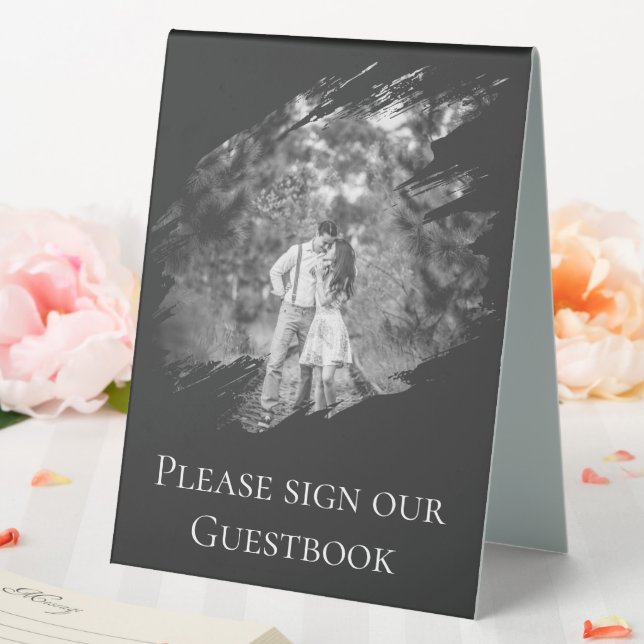 Plaque De Table Modern Brushstroke Photo Wedding | Soft Black (In SItu (Mariage))