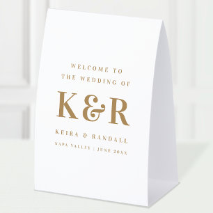Plaque De Table Monogramme de mariage Bienvenue or et blanc