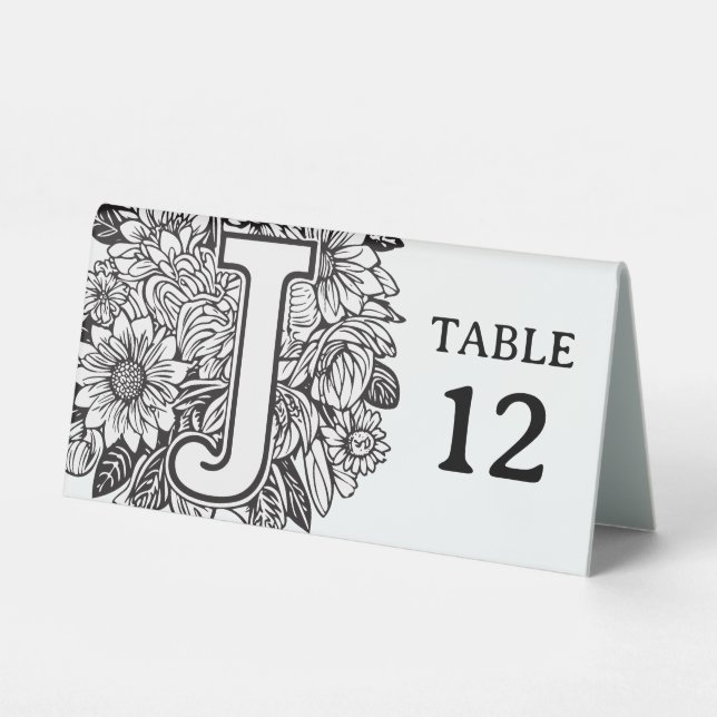 Plaque De Table Monogramme floral noir et blanc J Evénement modifi (Recto)