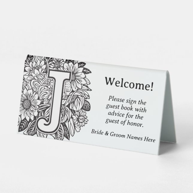 Plaque De Table Monogramme floral noir et blanc "J" Nom Mariage (Recto)
