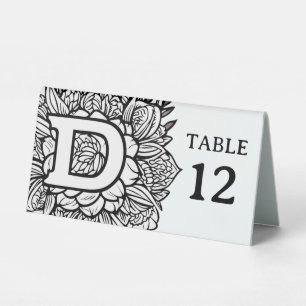 Plaque De Table Monogramme floral noir et blanc pour événement mod