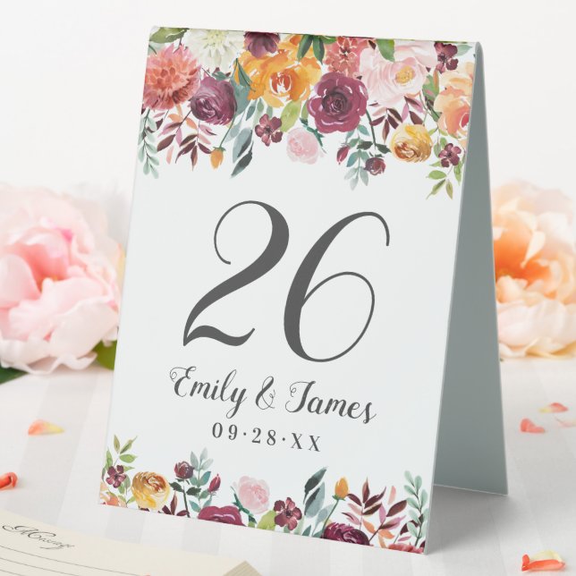 Plaque De Table Monogramme Rustique Bourgogne rose Automne Floral  (In SItu (Mariage))