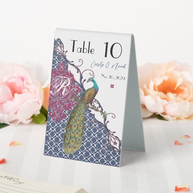 Plaque De Table Navy & Berry Berry Elegant Damask Peacock Mariage (In SItu (Mariage))