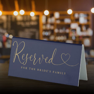 Plaque De Table Navy Blue Et Or Réservé Écriture De Coeur Mariage