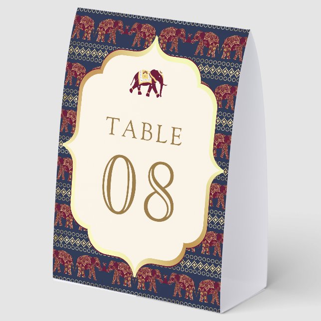 Plaque De Table Navy Burgundy Elephant Indian Wedding Table Number (Recto)