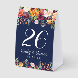 Plaque De Table Navy Rustique Monogramme de Mariage Floral Bourgog