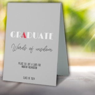 Plaque De Table Nom de graduation rouge blanc minimaliste gris cla