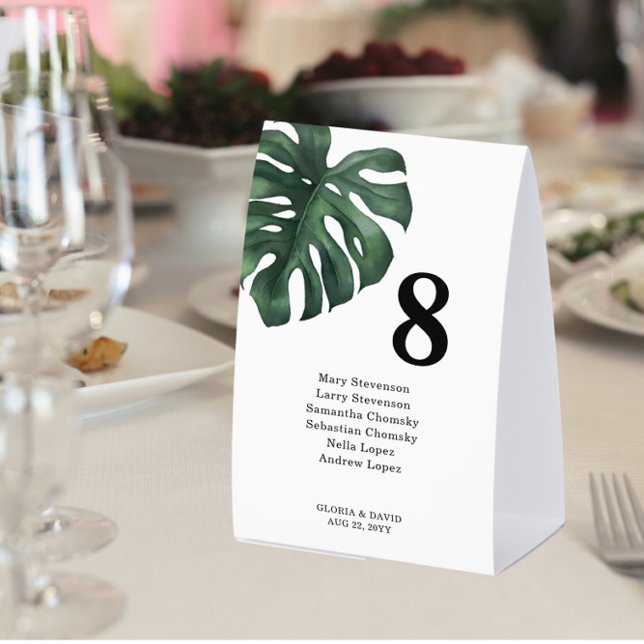 Plaque De Table Numéro de table de mariage Monstera vert (Créateur téléchargé)