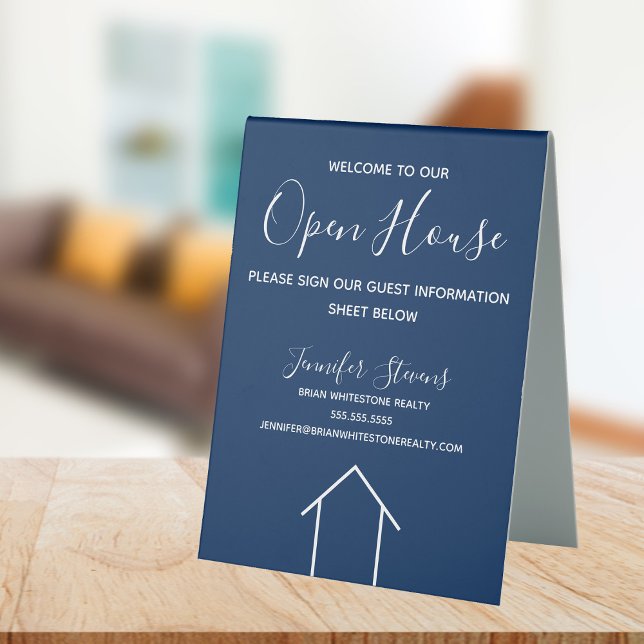 Plaque De Table Open House Custom Real Estate Company Navy Blue (Créateur téléchargé)