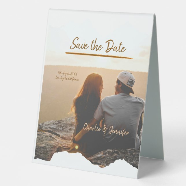 Plaque De Table orange boho enregistrer la date moderne photo nom  (Recto)