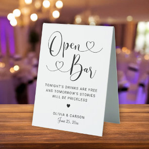 Plaque De Table Pancarte de mariage Open Bar à l'écriture moderne 