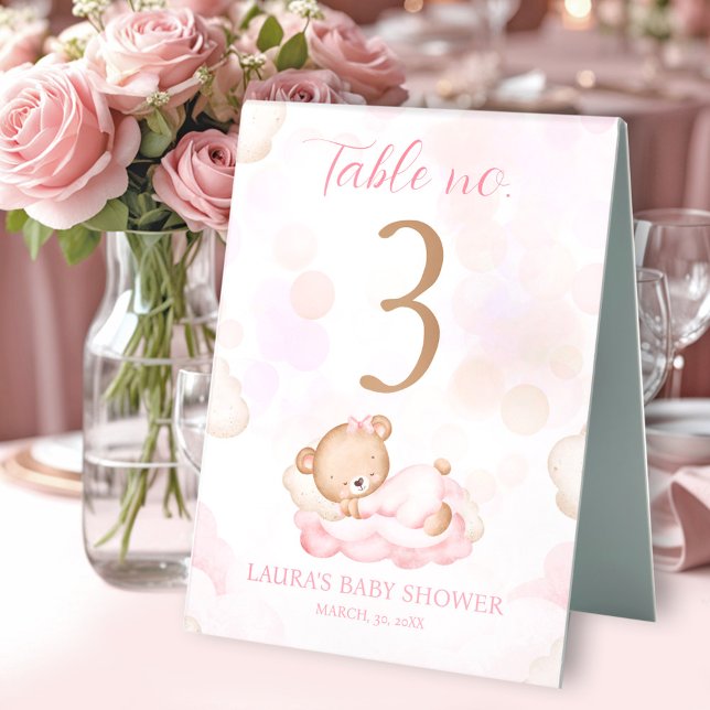 Plaque De Table Panneau de numéro de table Fille ours en peluche r (Teddy Bear Pink Girl Baby Shower Table Number Sign)