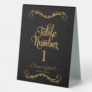 Plaque De Table Parties scintillant en or de script fantaisie Noir