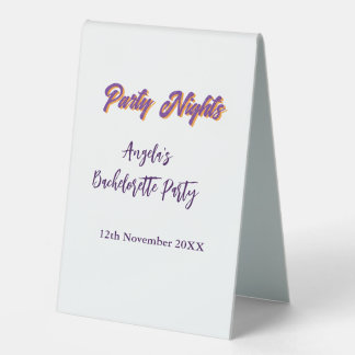 Plaque De Table Party nights bachelorette party name date purple