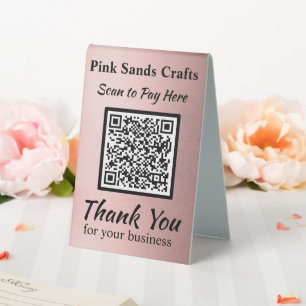 Plaque De Table Payer ici Code QR Effet de feuille métallisée Rose