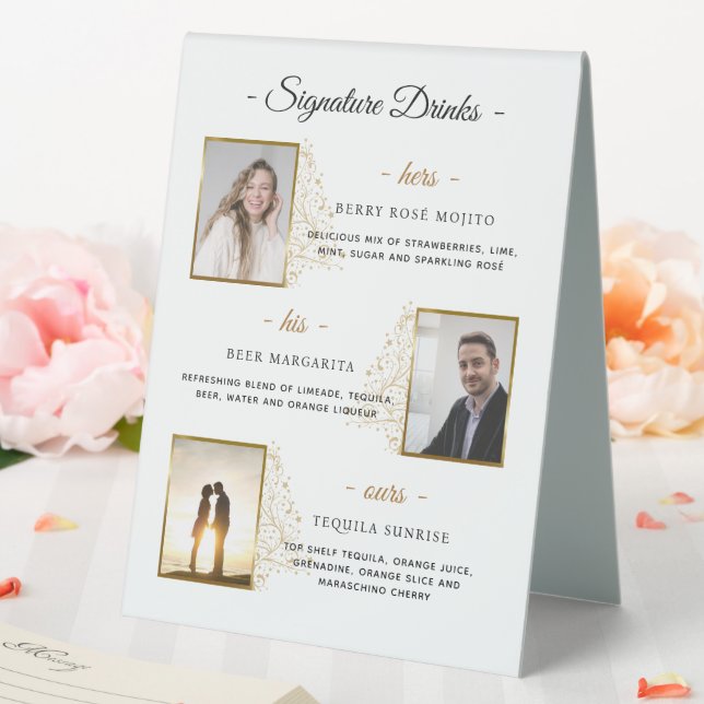 Plaque De Table Photo de signature personnalisée Boissons Gold Win (In SItu (Mariage))