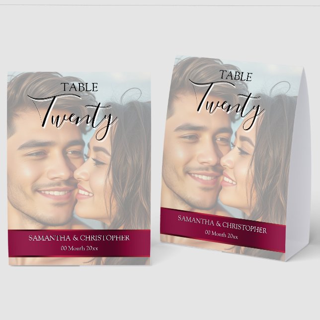 Plaque De Table Photo Wedding Table Number with Burgundy Maroon  (Recto/Verso)