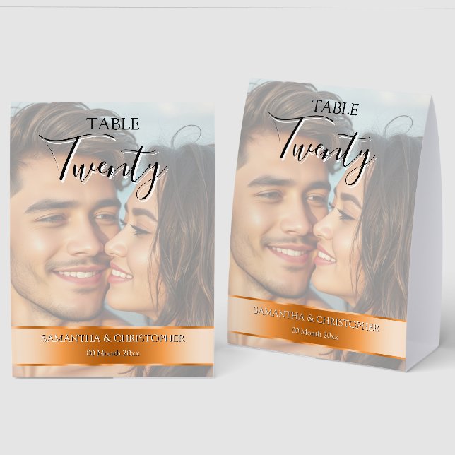 Plaque De Table Photo Wedding Table Number with Orange Band  (Recto/Verso)