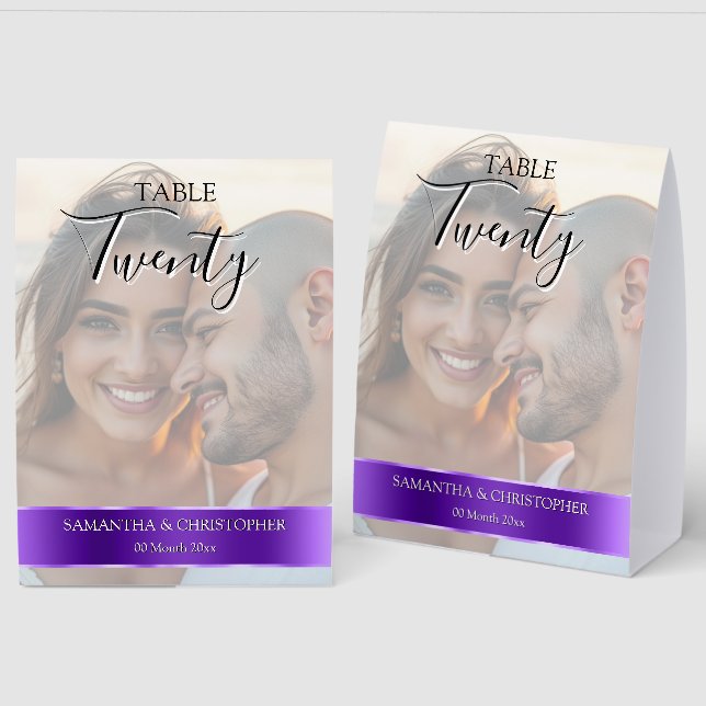 Plaque De Table Photo Wedding Table Number with Purple custom band (Recto/Verso)