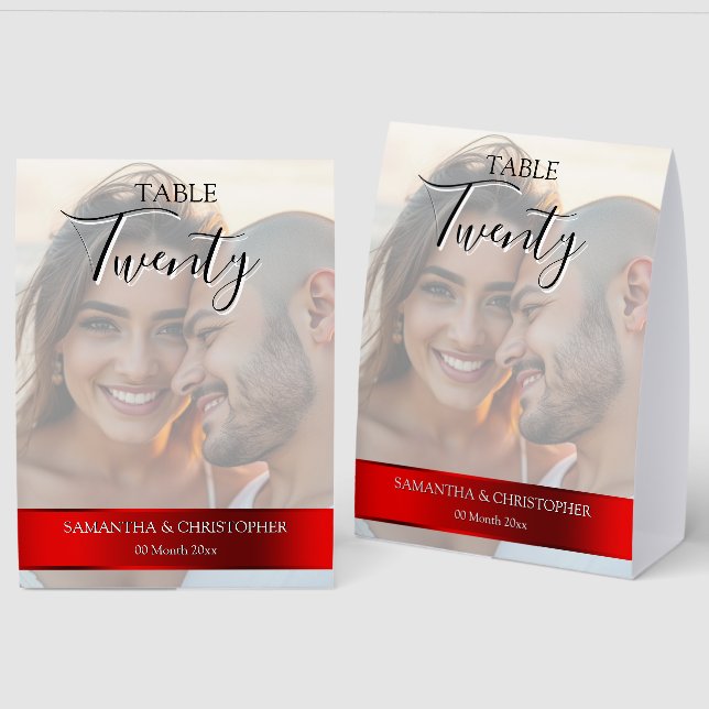 Plaque De Table Photo Wedding Table Number with Red Band  (Recto/Verso)