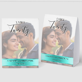Plaque De Table Photo Wedding Table Number with Turquoise band