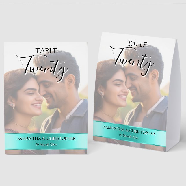 Plaque De Table Photo Wedding Table Number with Turquoise band (Recto/Verso)