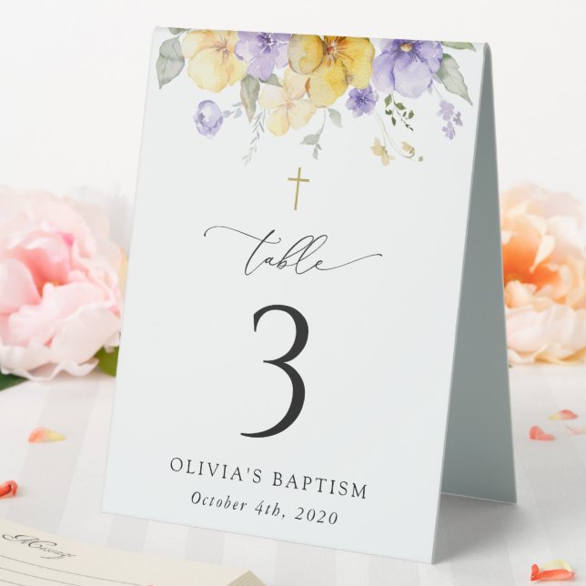 Plaque De Table Purple and Yellow Flowers, Baptism Table Numbers (In SItu (Mariage))