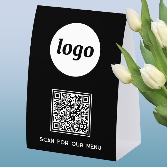 Plaque De Table QR Code Logo Business Scan for Menu (Simple logo with custom text business branding promotional QR code table tent sign )