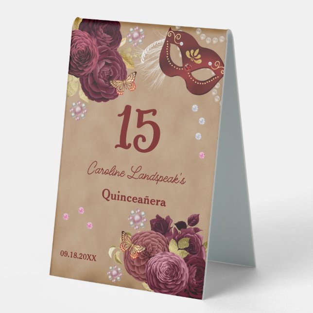Plaque De Table Quinceañera Masquerade, Roses anglaises de Bourgog (Recto)