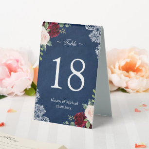 Plaque De Table Red Blush Floral Navy Blue Mariage Numéro de table