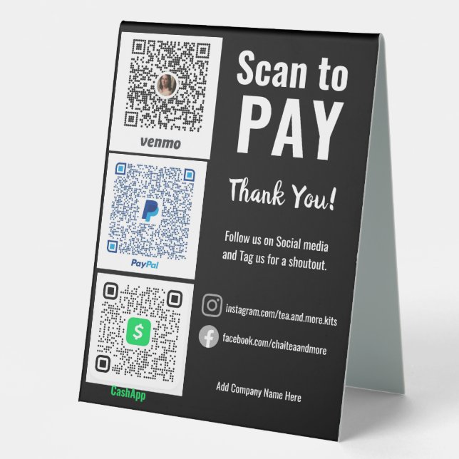 Plaque De Table Réseaux sociaux Payez ici QR Venmo PayPal  (Recto)