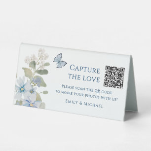 Plaque De Table Romantique Bleu Floral Mariage Photo Partage QR Co