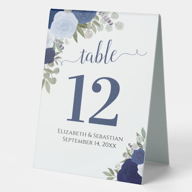 Plaque De Table Rose d'aquarelle bleu Numéro de table du Mariage (Recto)