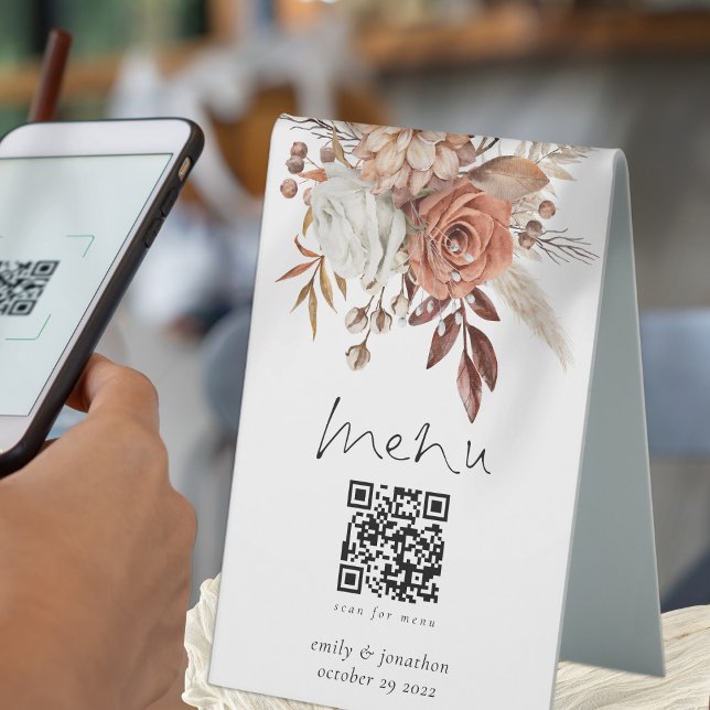 Plaque De Table Rustic Terracotta Florals Menu Qr Code Mariage (Perfect for your wedding tables for your guests convenience!)