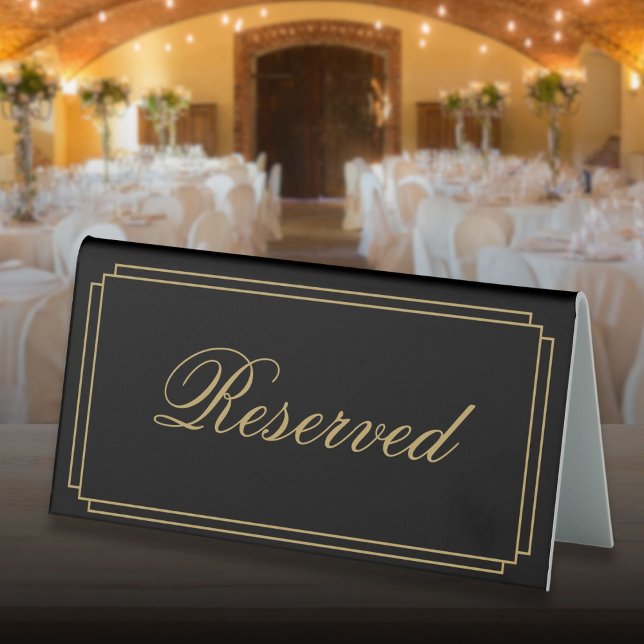Plaque De Table Script Art Déco Noir Et Or Réservé (Art Deco Black And Gold Script Reserved Table Tent Sign)
