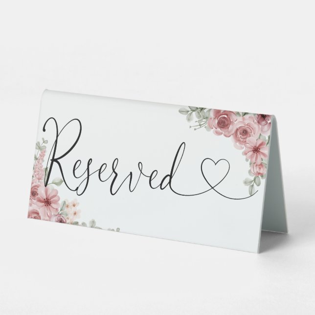 Plaque De Table Script de coeur floral rose réservé (Recto)