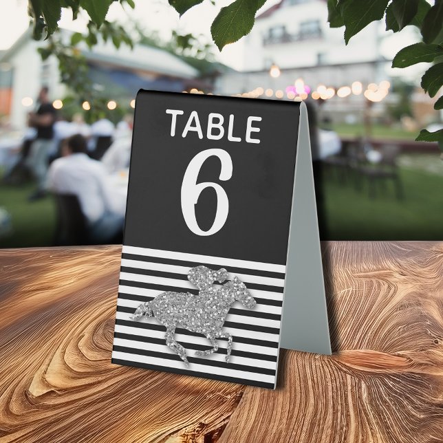 Plaque De Table Silver Racehorse Black White Stripes Numéro (Silver faux silver glitter racehorse on black and white stripes table number tent sign 4" x 6")