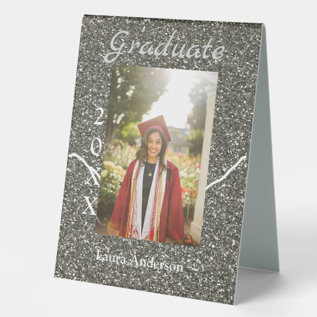 Plaque De Table Silverglitter photo graduation ajouter nom classe  (Recto)