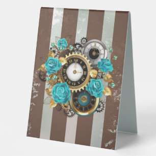 Plaque De Table Steampunk Clock and Turquoise Roses on Striped